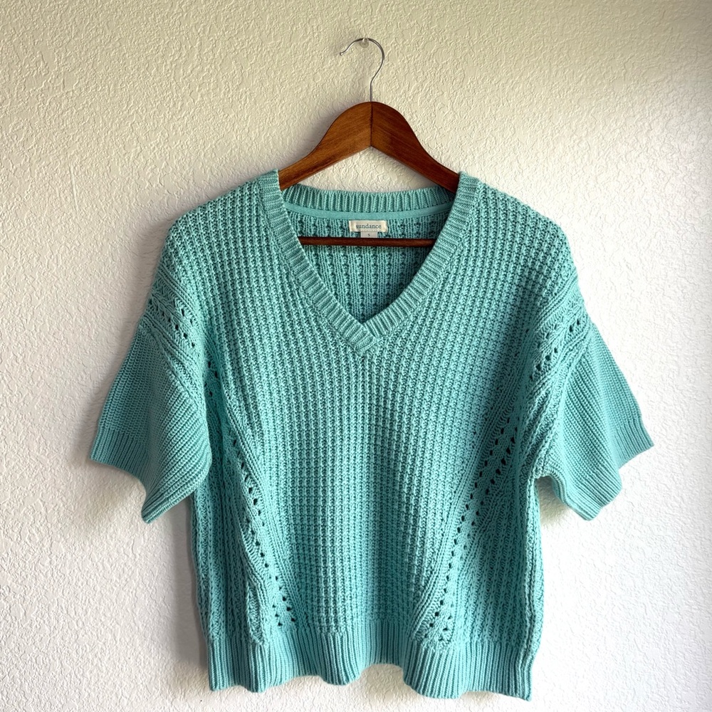 Sundance Womens Sweater Blue Green Chunky Knit Short Sleeve V Neck Size Small